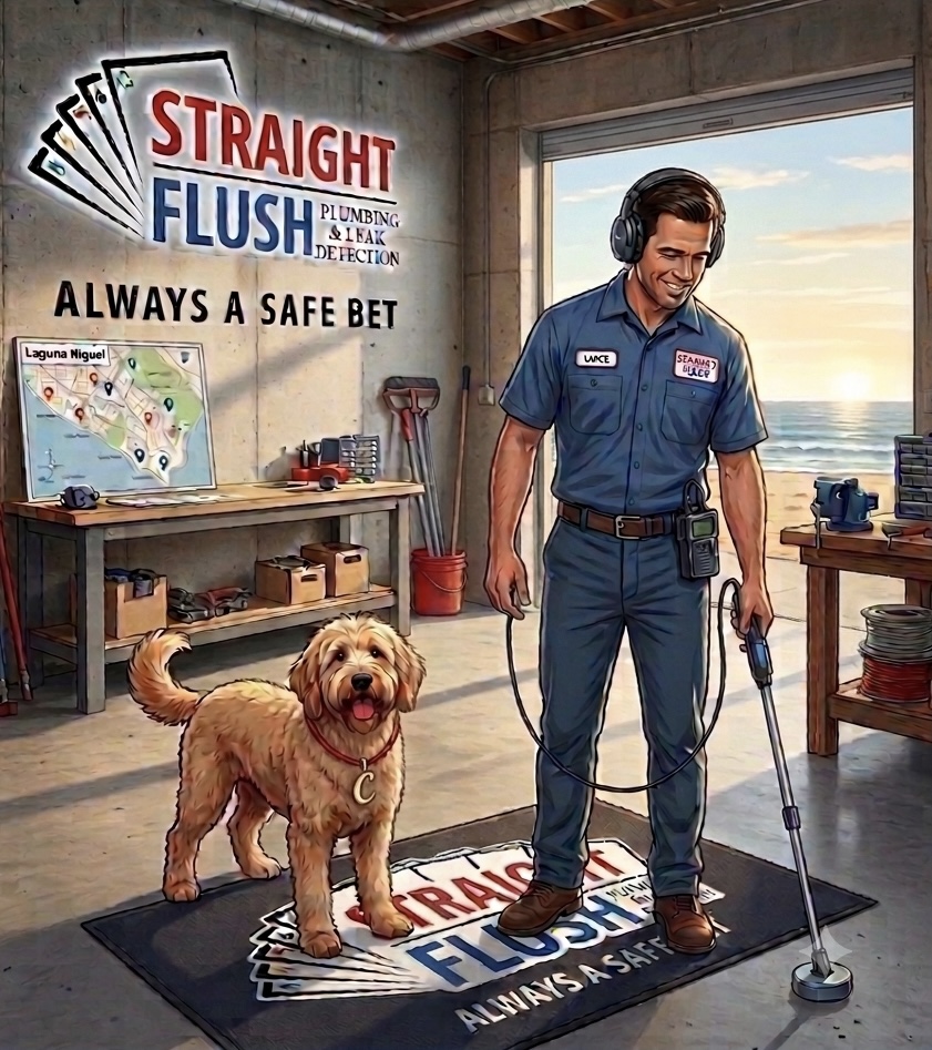 Lance, owner of Straight Flush Plumbing & Leak Detection, with his Goldendoodle in Laguna Niguel